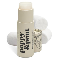 Poppy & Pout front packaging showing jumbo lip balm and marshmallow scent benefit