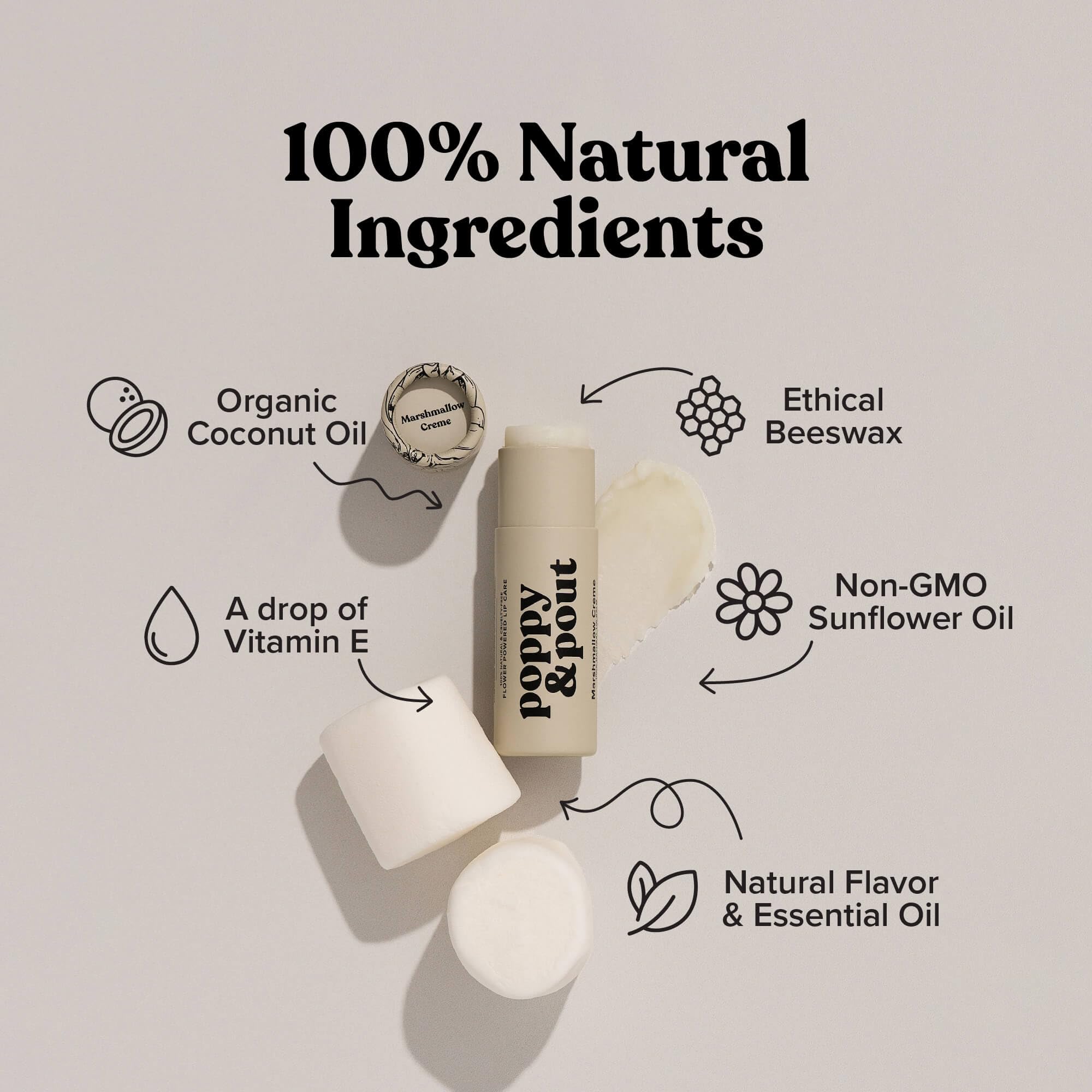 Poppy & Pout open tube top view revealing balm surface for easy application benefit