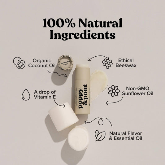 Poppy & Pout open tube top view revealing balm surface for easy application benefit