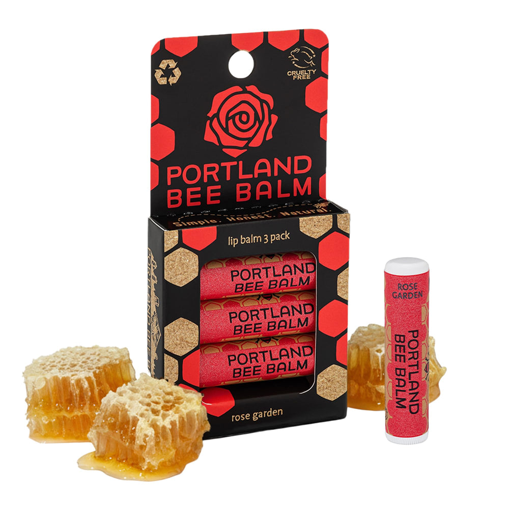 Portland Bee Balm front packaging showing rose garden three-pack and natural benefits