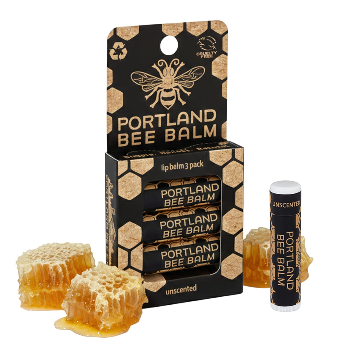 Portland Bee Balm front packaging showing three tubes and clear labeling for portability