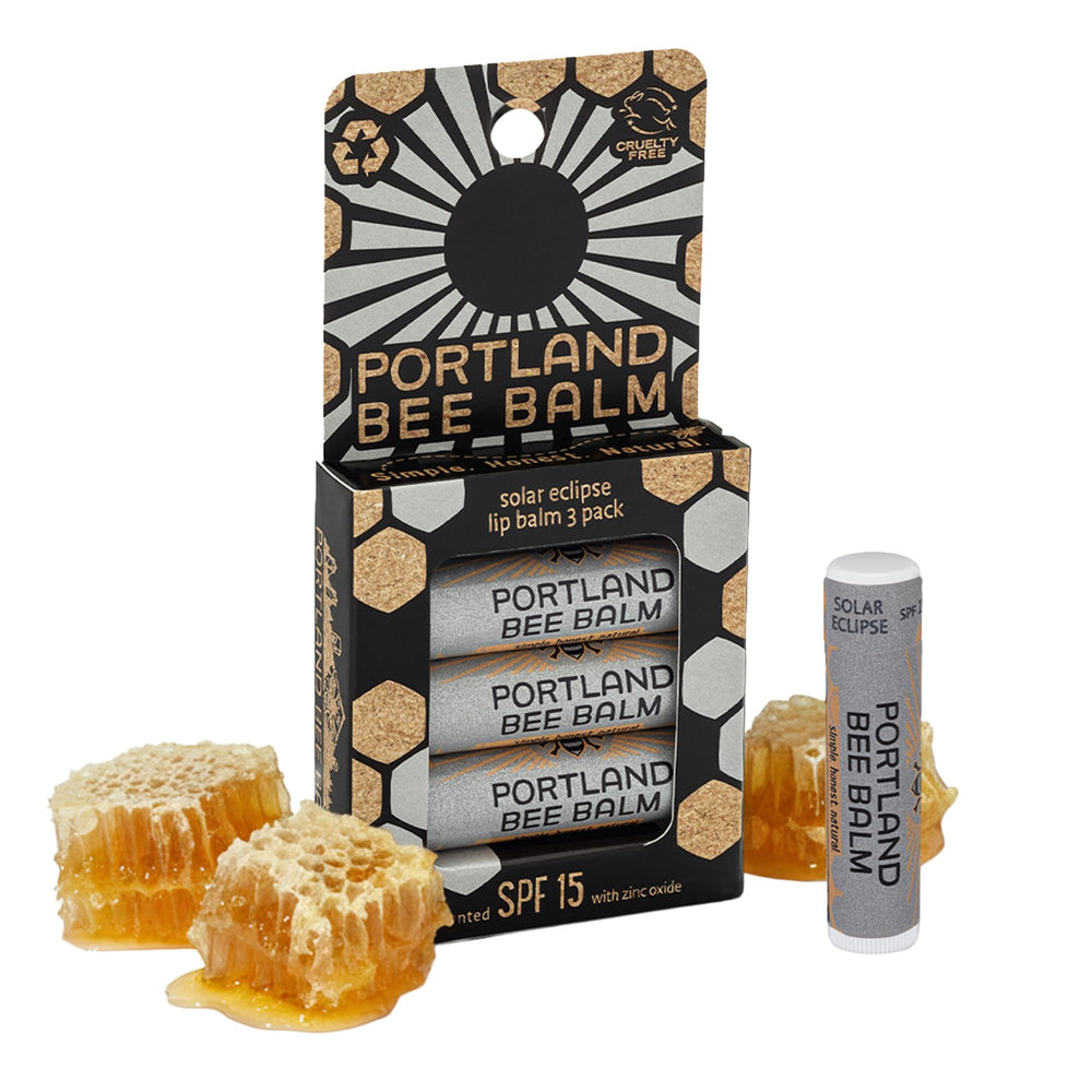 Portland Bee Balm front packaging showing three tubes and sustainable claim