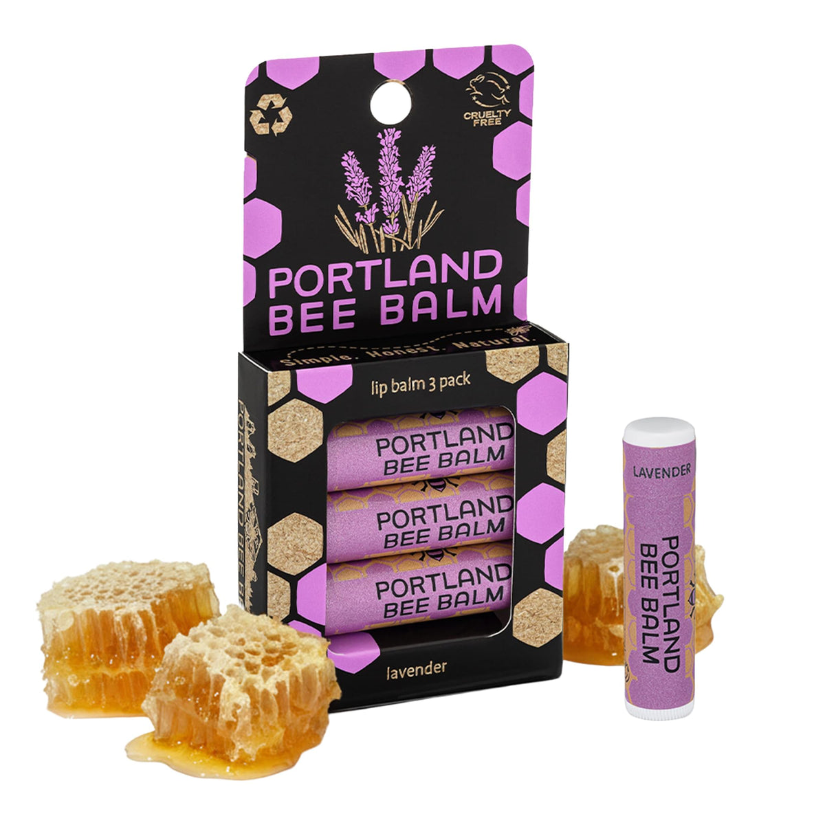 Portland Bee Balm front packaging showing natural beeswax balm and calming lavender scent