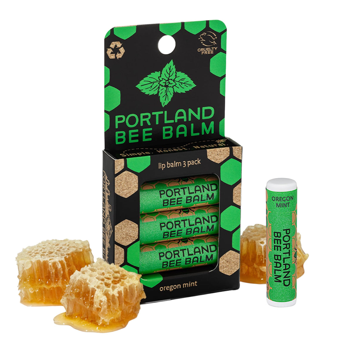 Portland Bee Balm front packaging showing three tubes and branding benefit: simple natural care