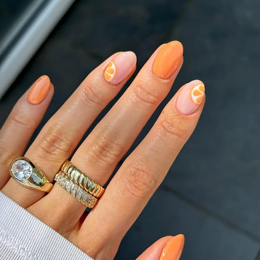 Posyofet close-up of short almond nail curve, smooth glossy finish benefit