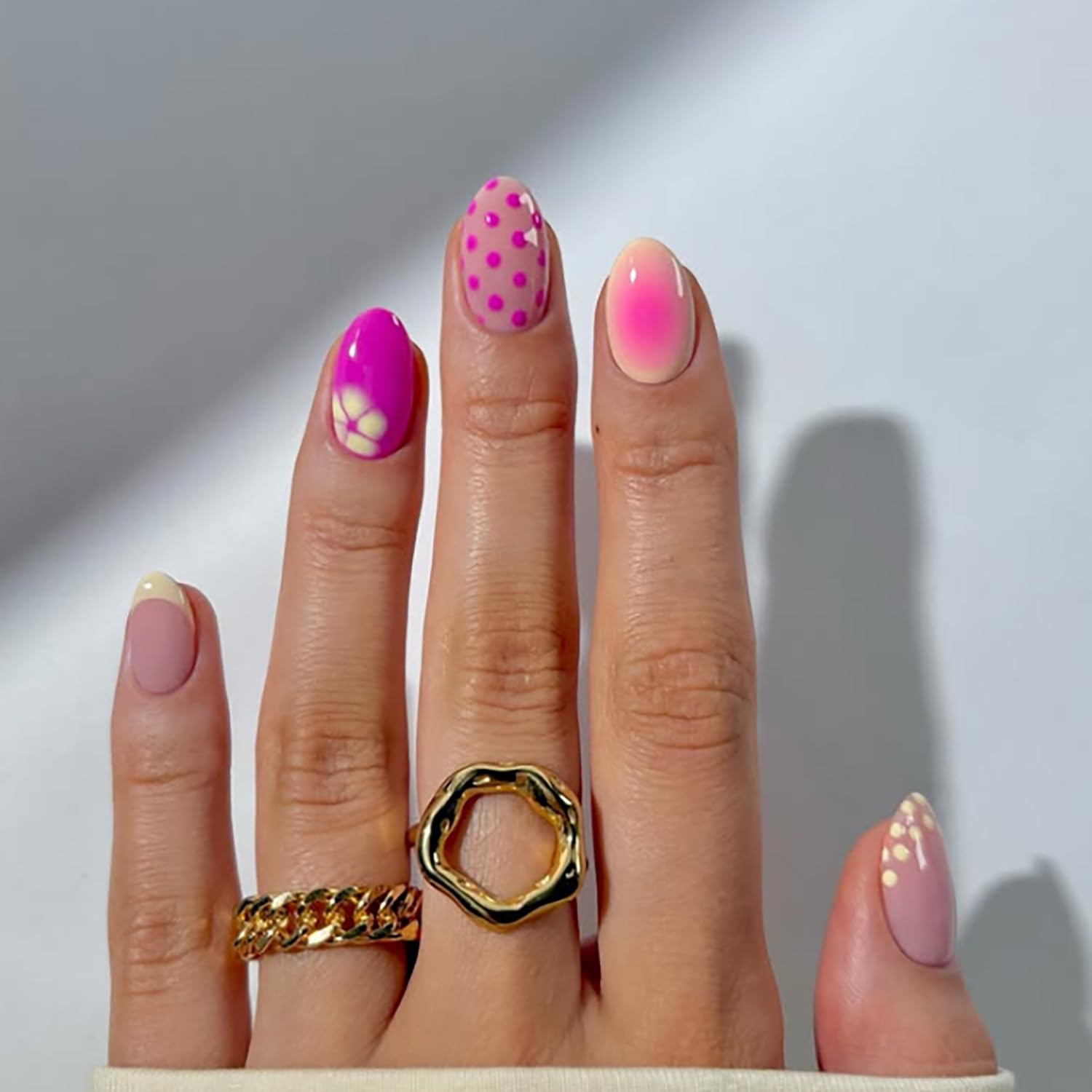Posyofet front packaging showing polka dot floral press on nails, easy-ready kit benefit
