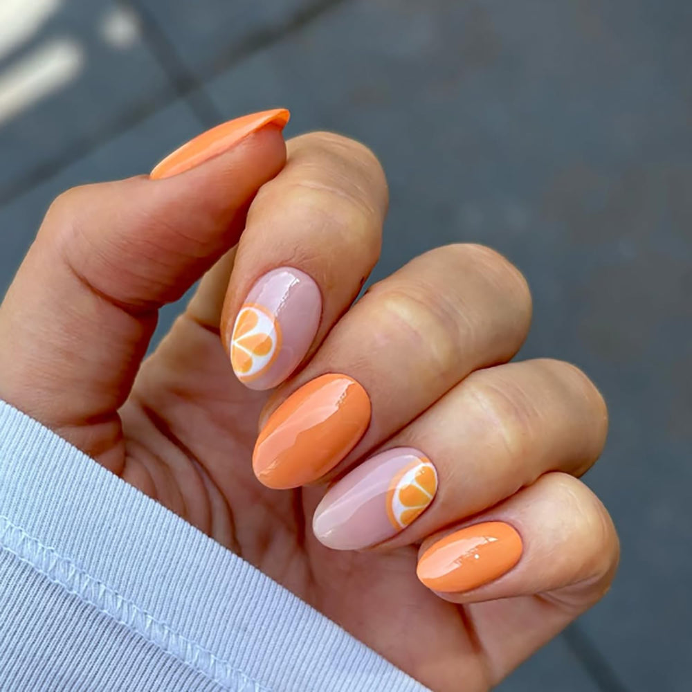 Posyofet detailed orange pattern texture on nail, eye-catching summer style