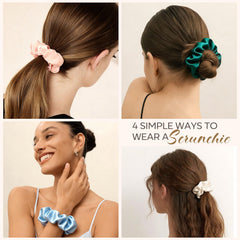 POVETIRE scrunchie in a high ponytail demonstrating secure hold and no creases