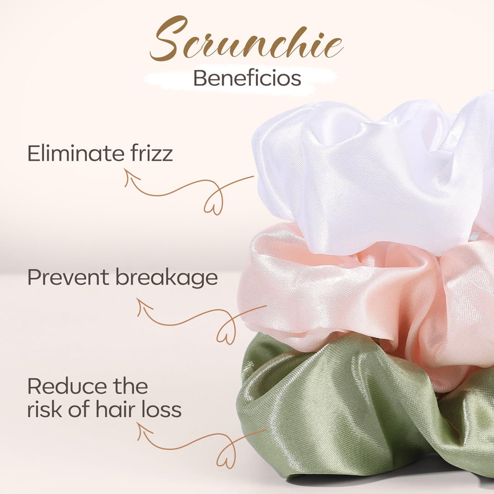 POVETIRE assorted scrunchies laid flat showing light-color variety for styling