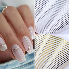 POWPOP front packaging showing six metallic stripe nail sticker sheets and benefits