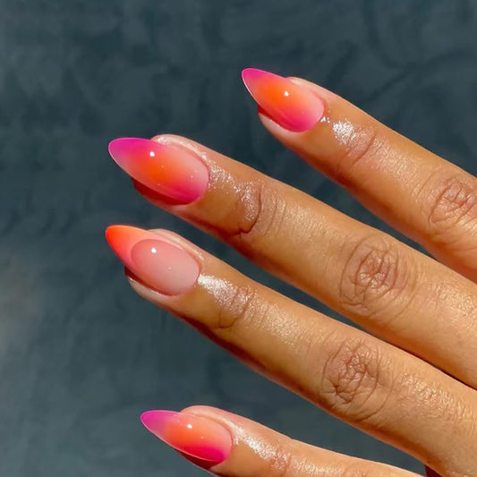 POWPOP front packaging showing orange gradient almond nails and included accessories for instant manicure