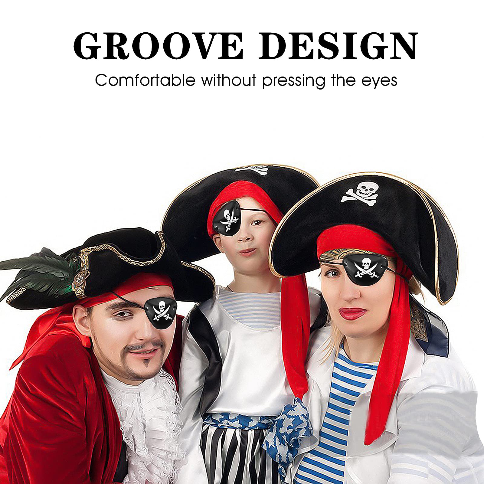 Prasacco adult wearing patch in pirate costume, enhances themed party appearance