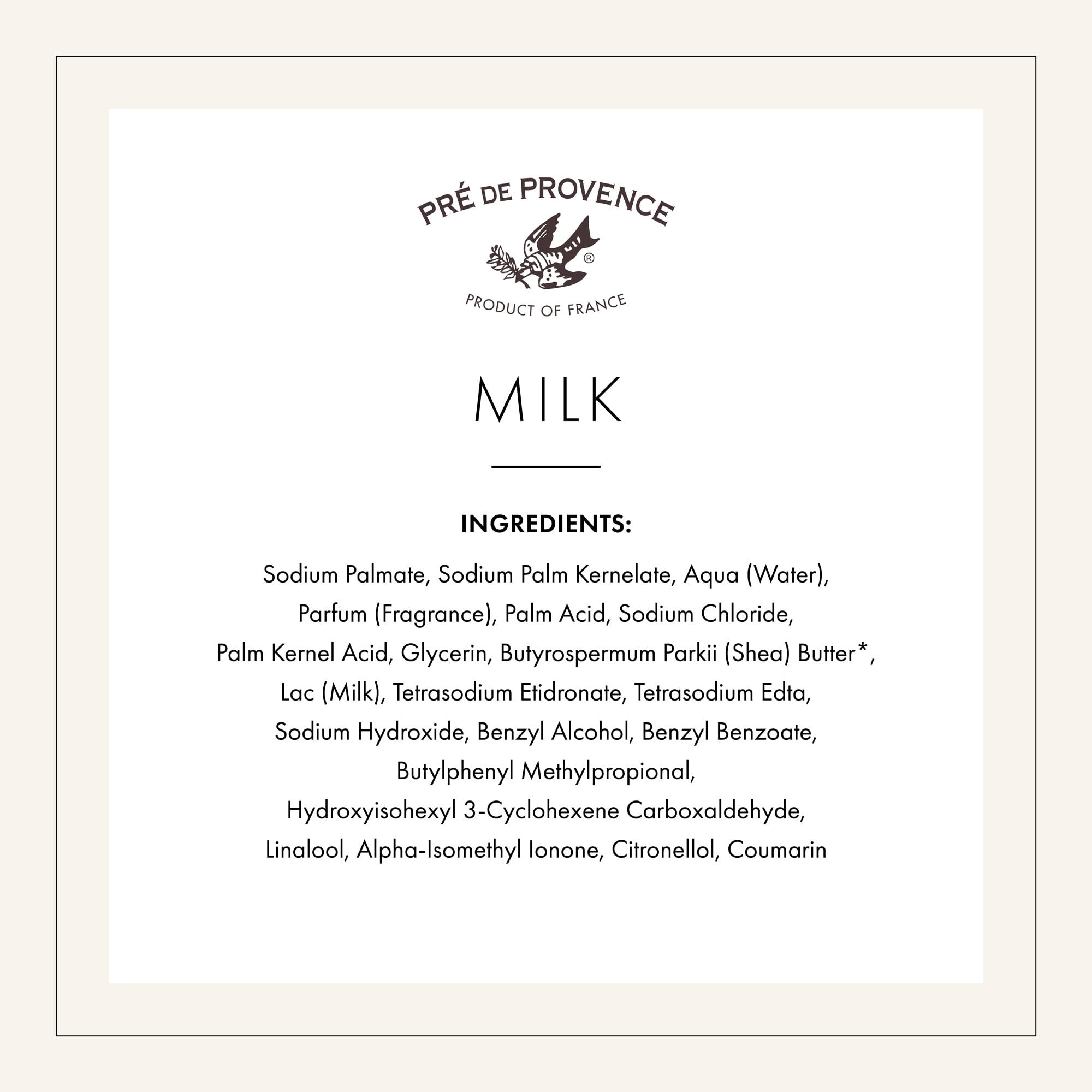 Pre de Provence shea butter and milk visual, underlines nourishing ingredient boost