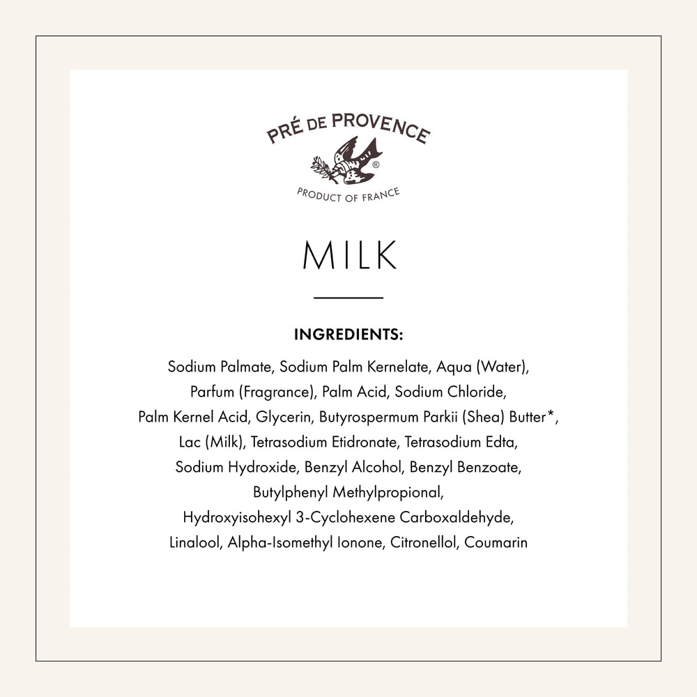 Pre de Provence shea butter and milk visual, underlines nourishing ingredient boost