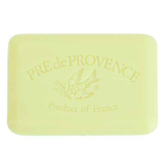 Pre de Provence close-up of soap surface texture, shows smooth quad-milled finish benefit