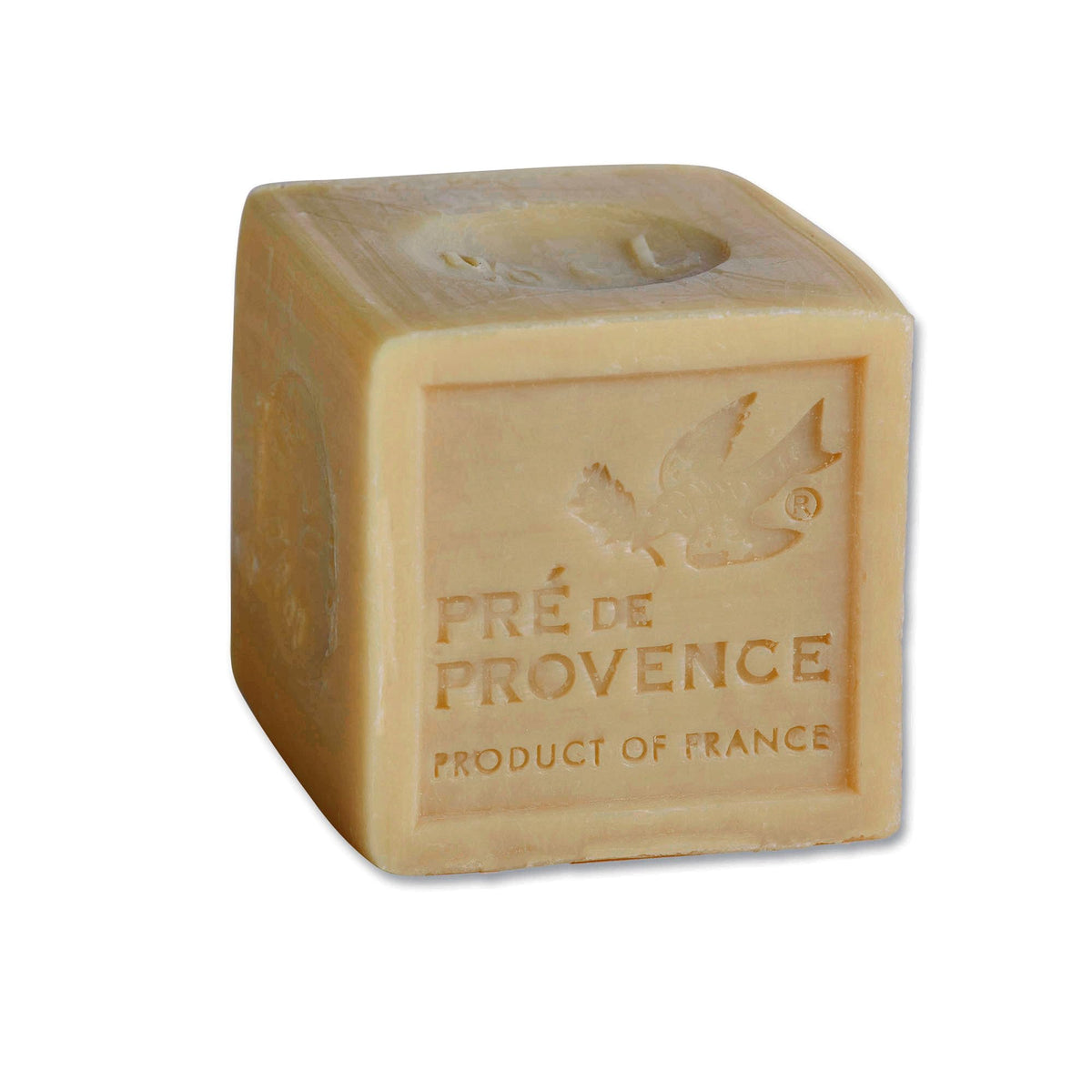Pre de Provence front view of olive oil soap cube showing shape and natural finish benefits gentle cleaning
