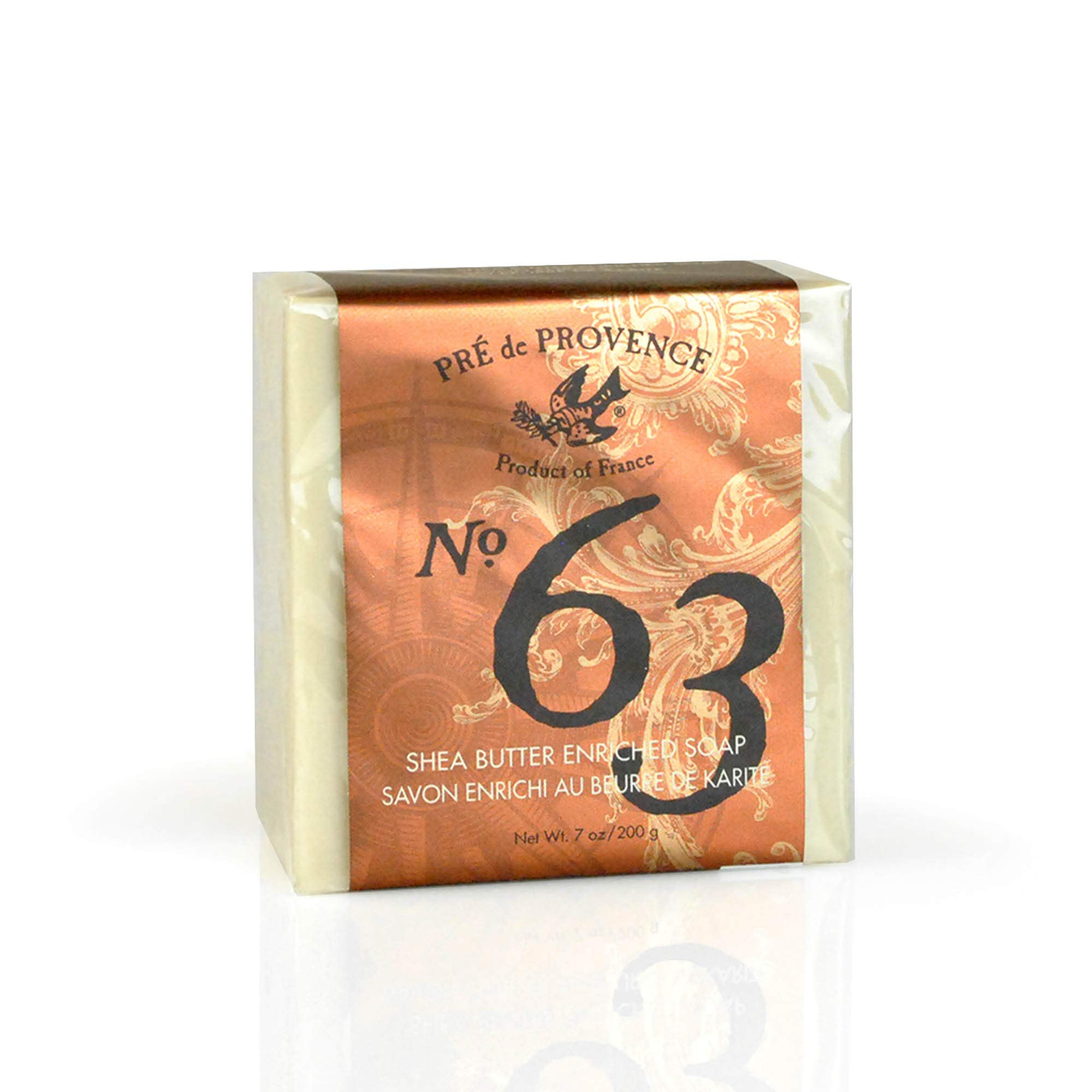 Pre de Provence soap cube displayed with No.63 collection for grooming routine pairing