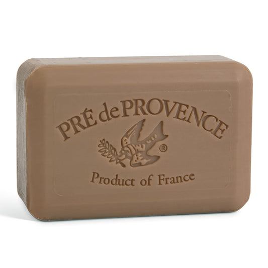 Pre de Provence front packaging showing patchouli bar and elegant presentation benefit: premium gift-ready look