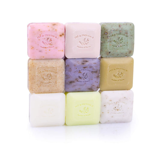 Pre de Provence Rose Petal bar close-up showing embossed logo and delicate fragrance benefit