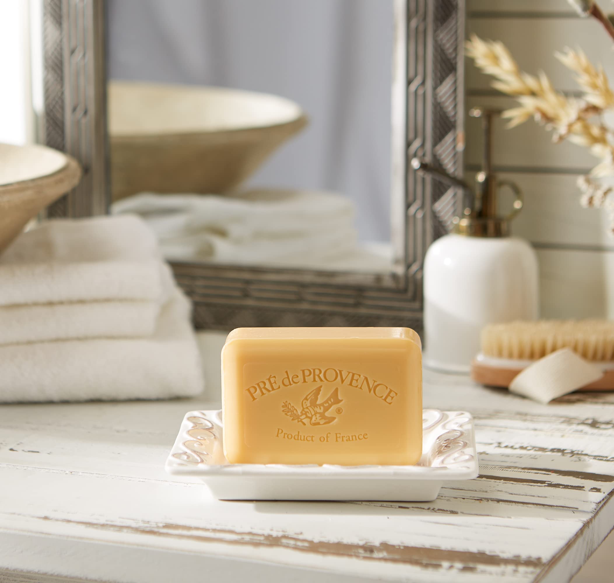 Pre de Provence rich lather on hand demonstrating creamy foam and gentle cleanse benefit