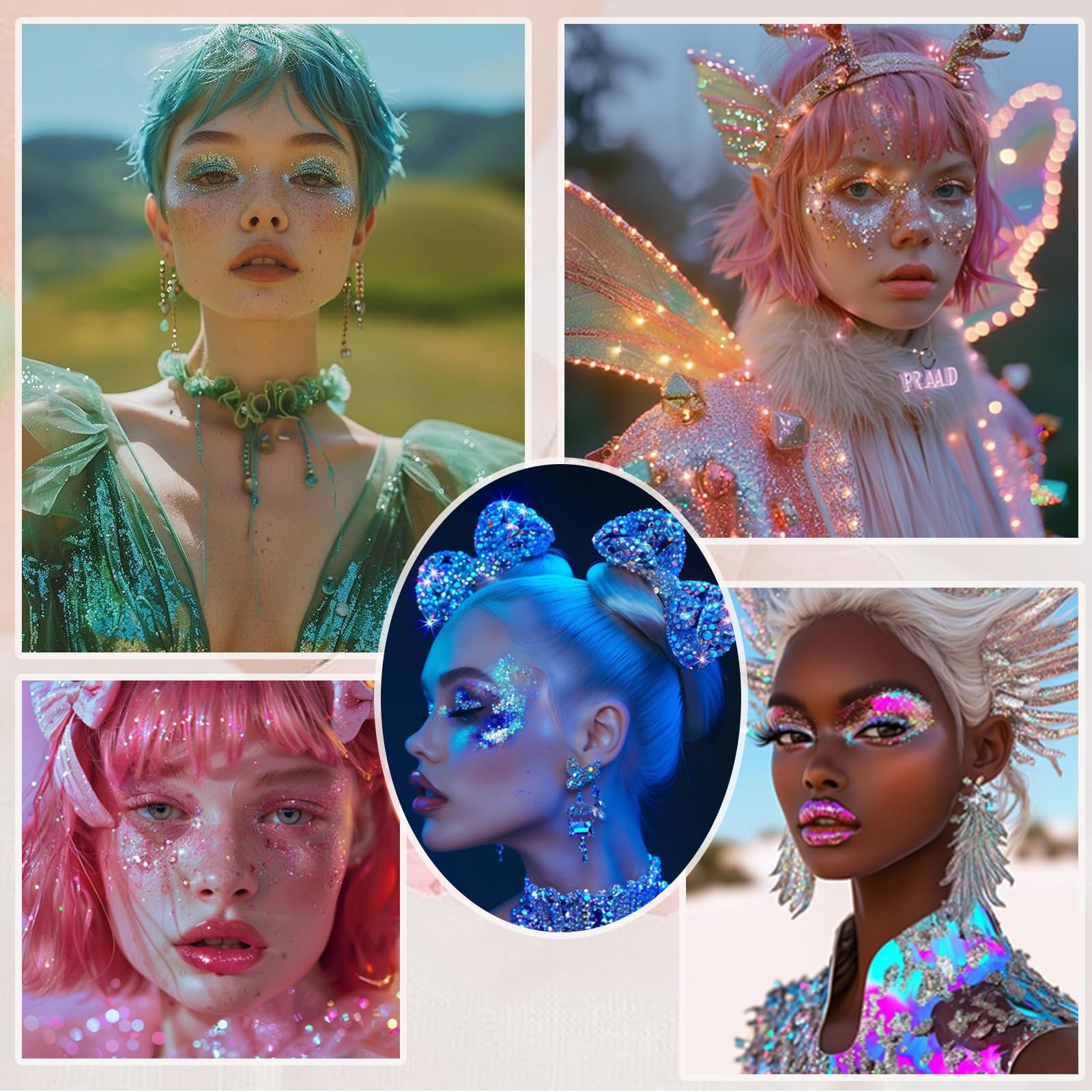 Prehot festival look model wearing face and hair glitter providing bold, camera-ready sparkle