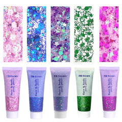 Prehot front packaging with five glitter gel tubes showing vibrant festival colors and convenience