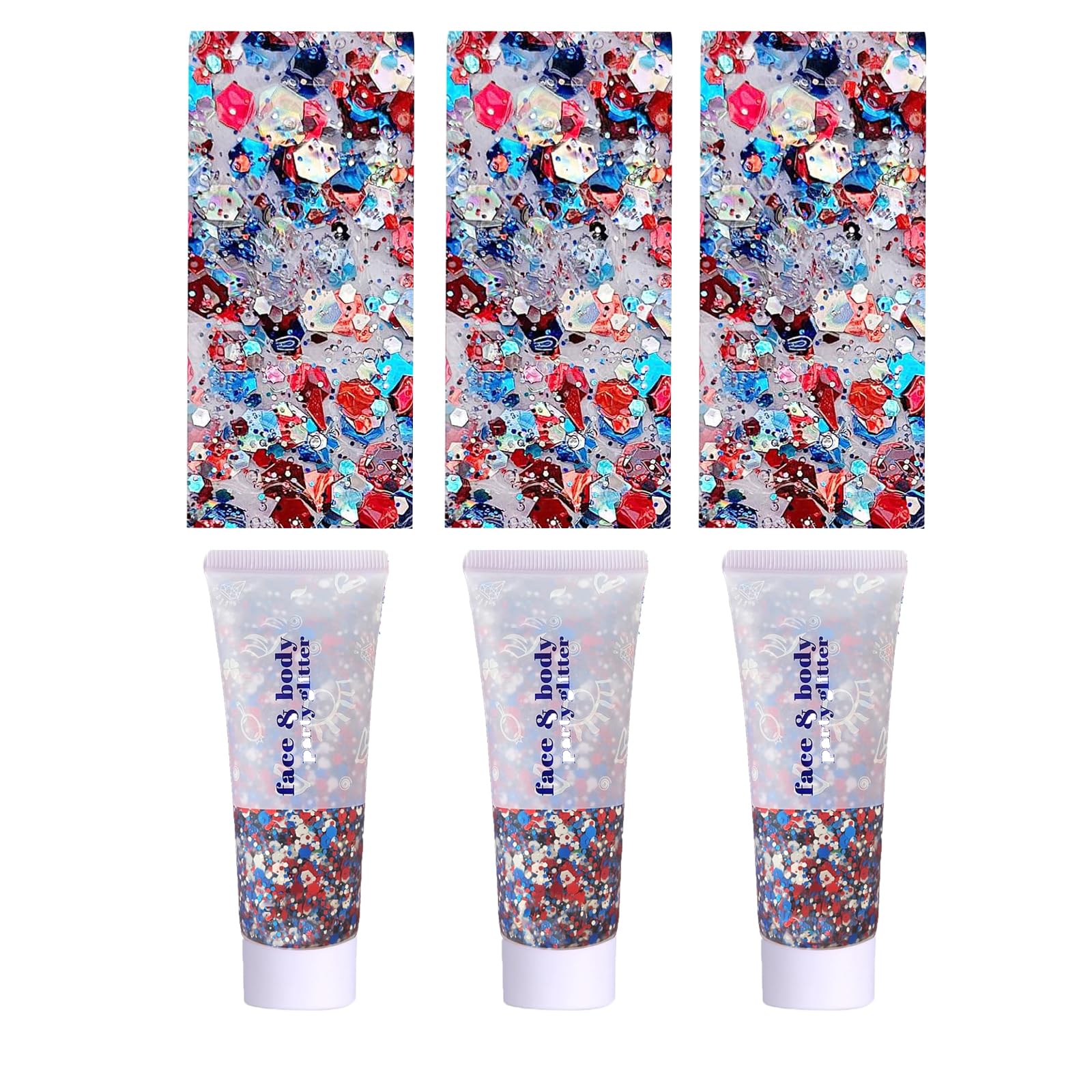 Prehot front packaging showing three patriotic glitter gel tubes for quick party prep