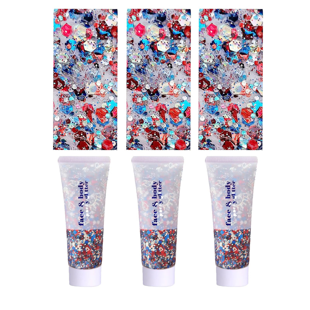 Prehot front packaging showing three patriotic glitter gel tubes for quick party prep