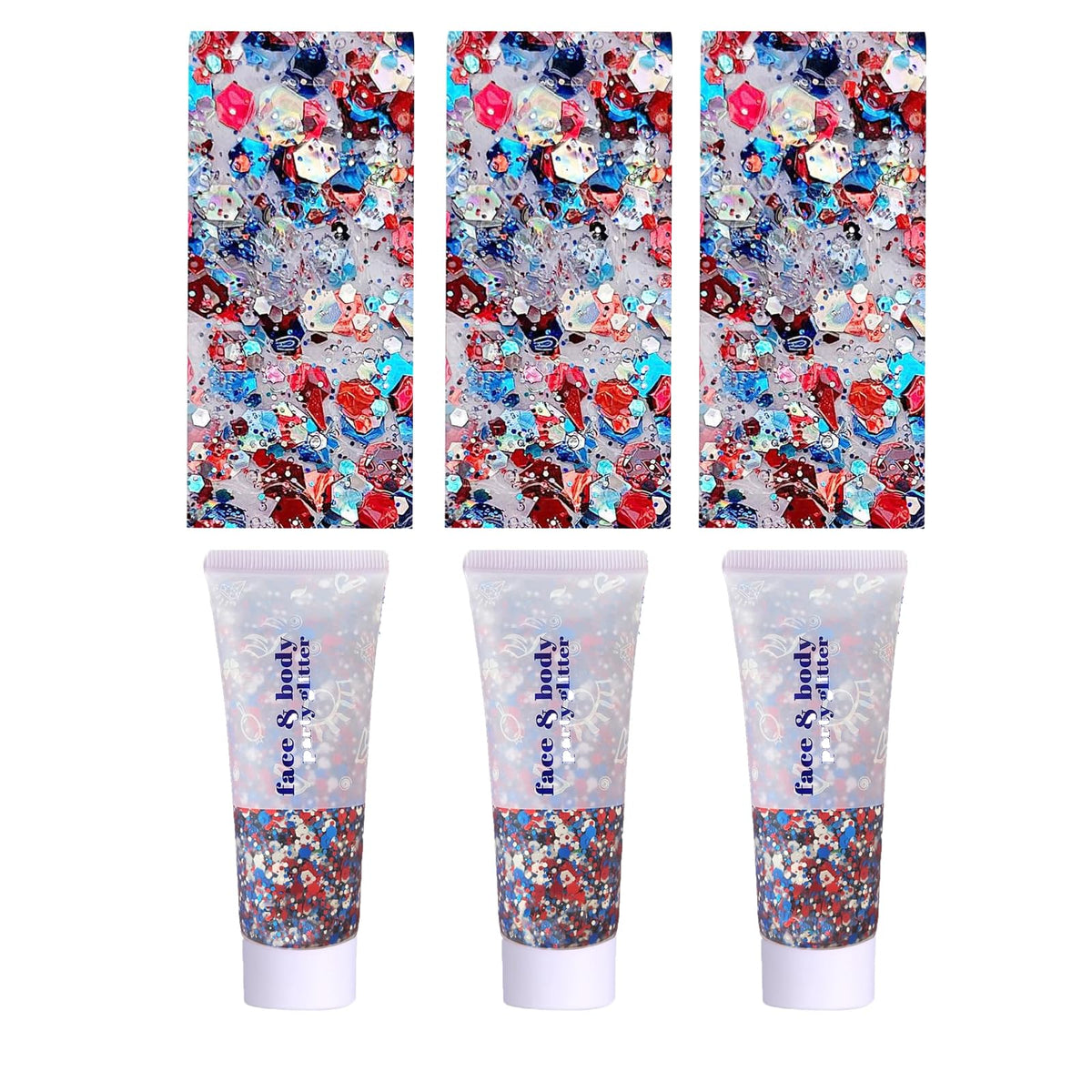 Prehot front packaging showing three patriotic glitter gel tubes for quick party prep