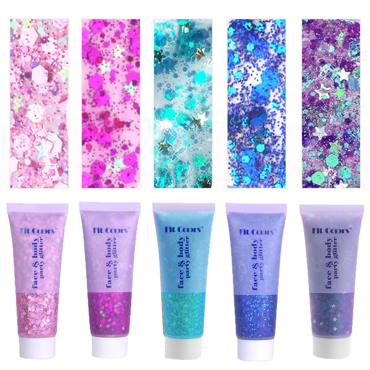 Prehot front packaging showing multi-color glitter tubes and clear labels for easy selection