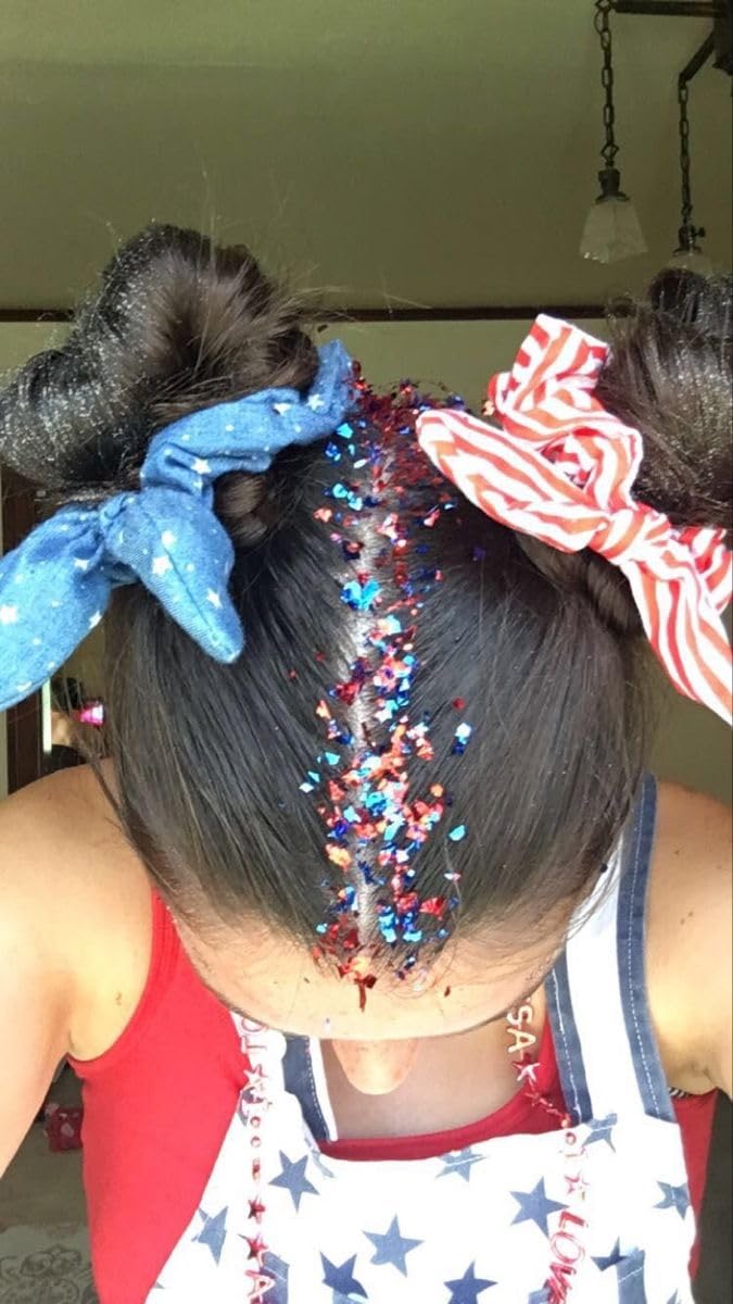 Prehot glitter applied at hair roots to add patriotic color and stage presence