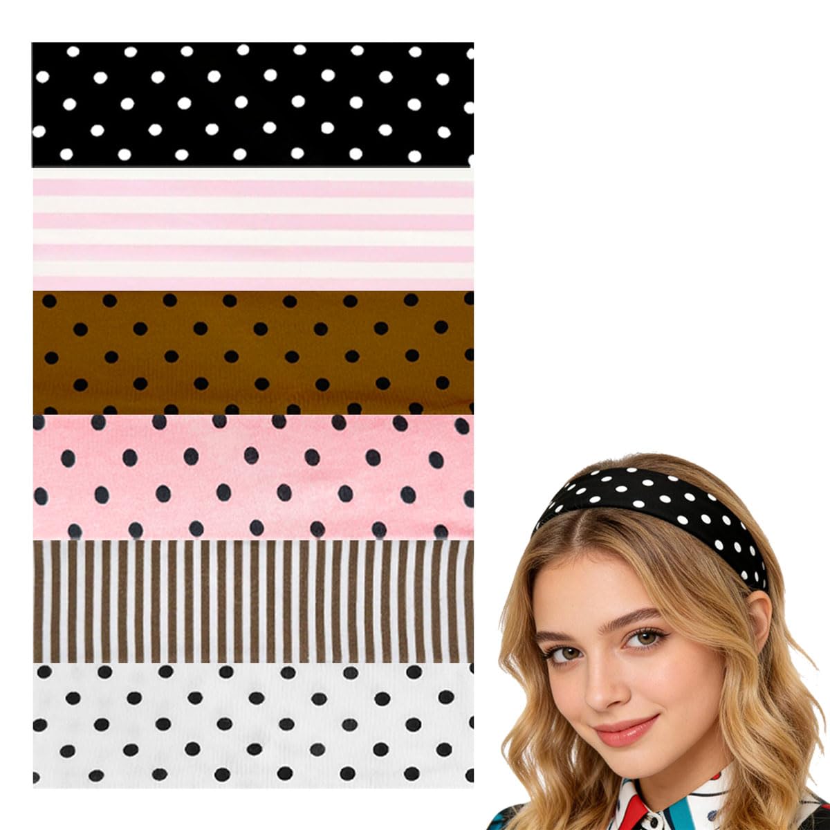 PRELITER front view of six polka dot and striped headbands shows variety and convenience