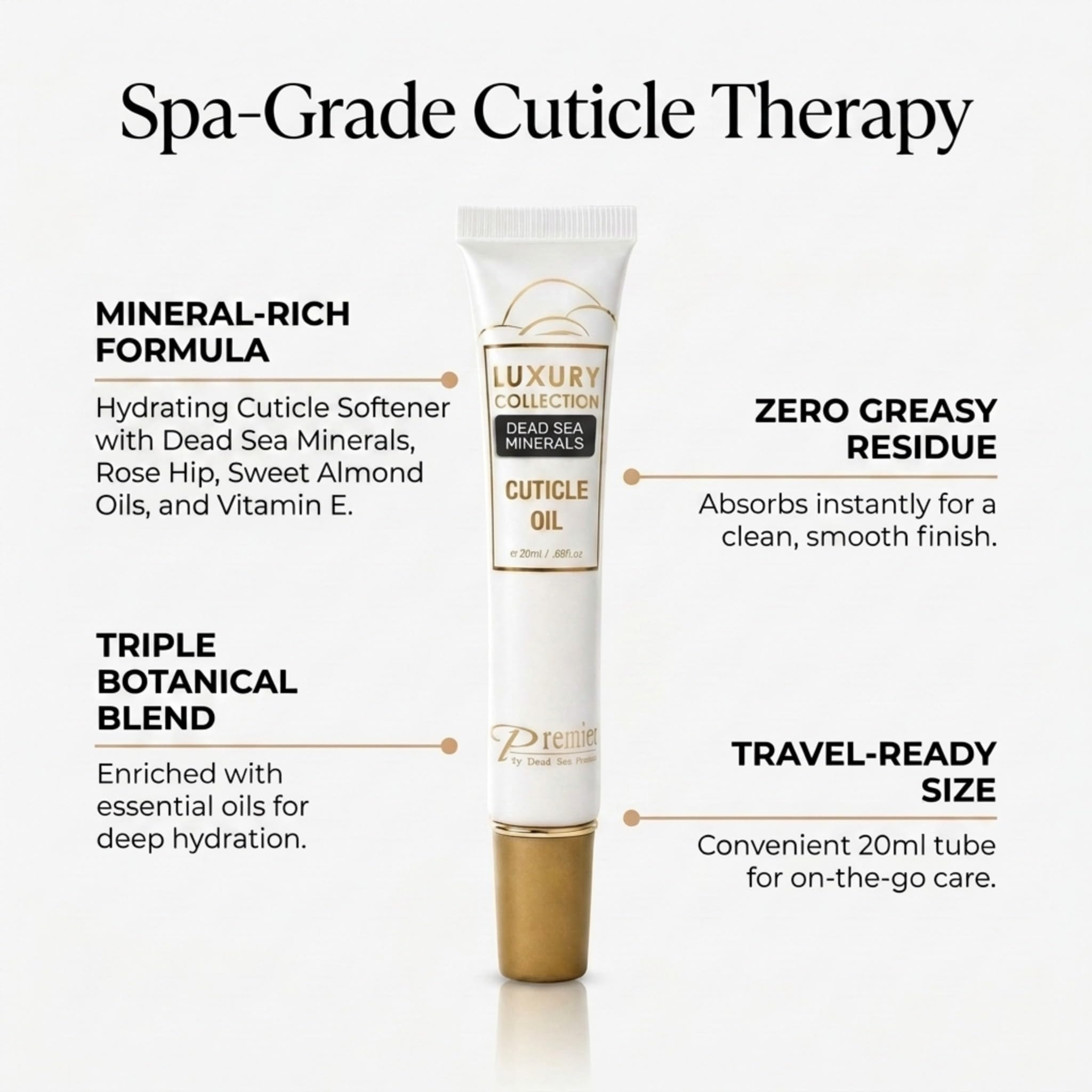 Premier cuticle oil near manicure tools in lifestyle scene showing post-manicure recovery benefit