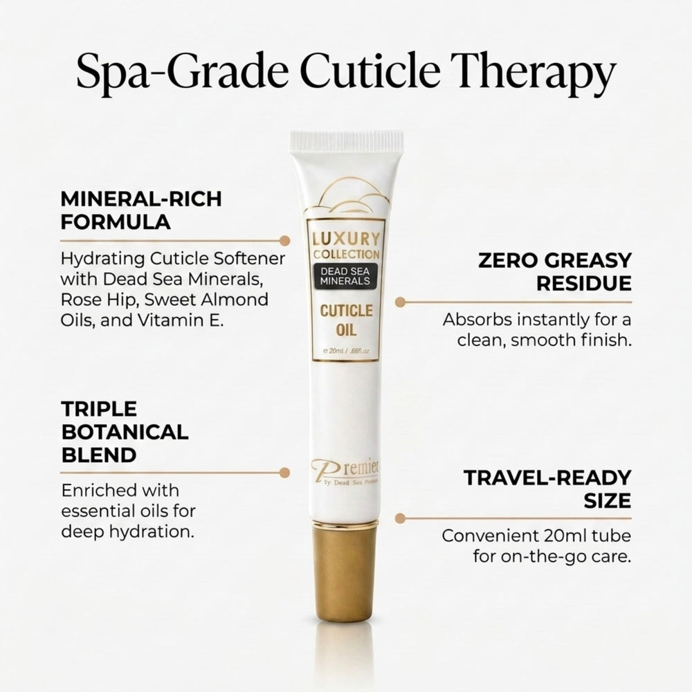 Premier cuticle oil near manicure tools in lifestyle scene showing post-manicure recovery benefit