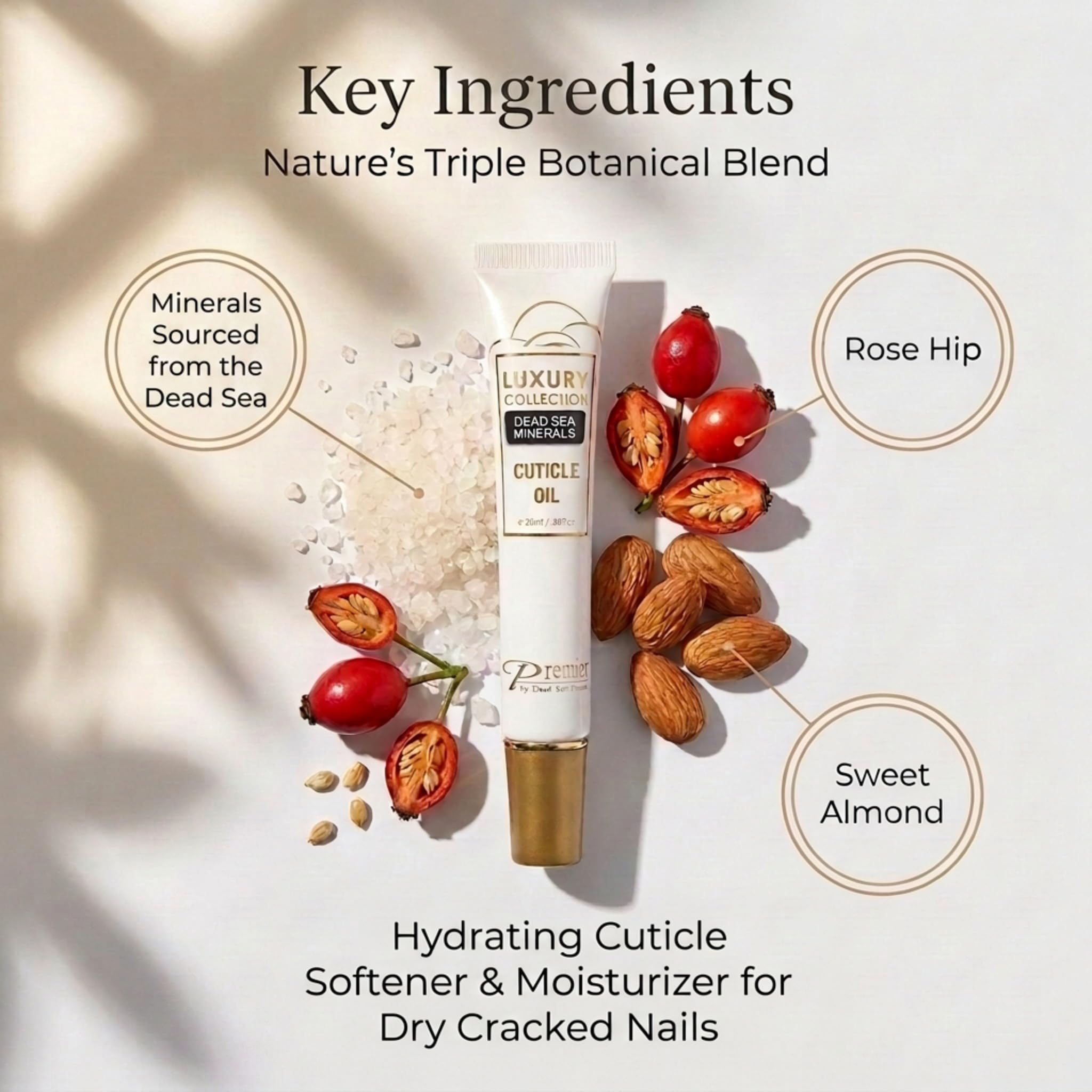 Premier cuticle oil next to ruler showing 20ml size and travel-ready convenience benefit