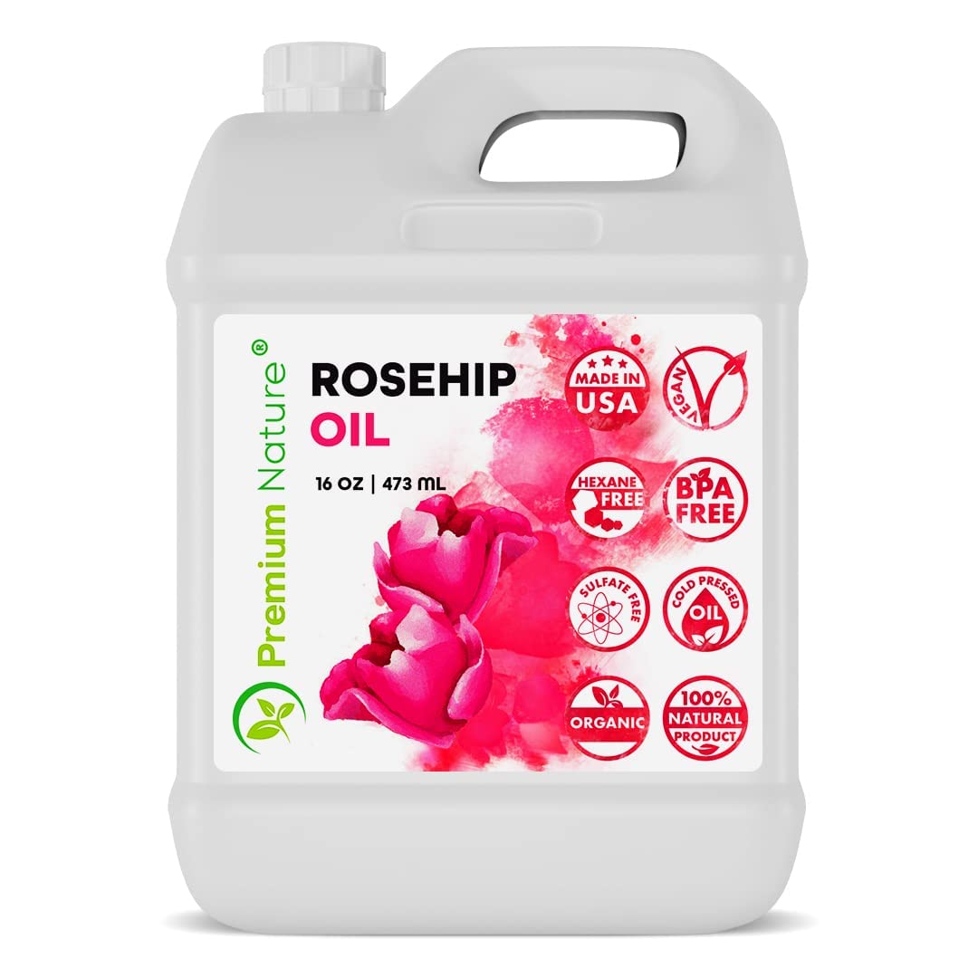 Premium Nature bottle front view showing 16 oz rosehip oil and clear labeling benefit