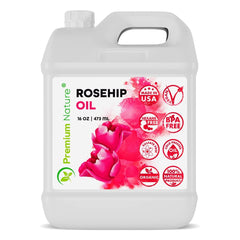 Premium Nature bottle front view showing 16 oz rosehip oil and clear labeling benefit