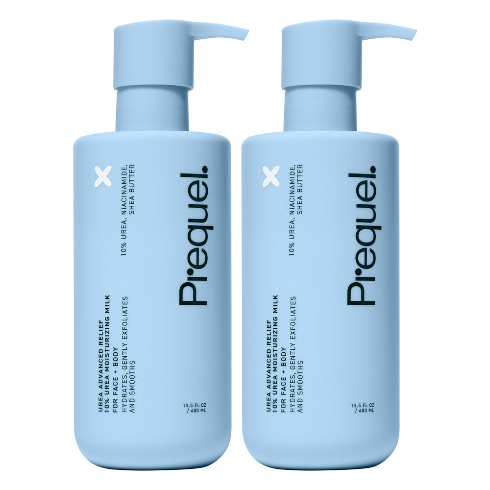 Prequel front pump bottle showing clean unscented hydration benefit