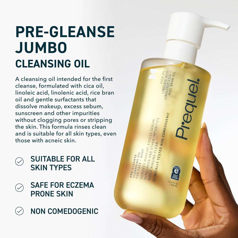 Prequel oil texture close-up pouring smooth oil for efficient makeup removal