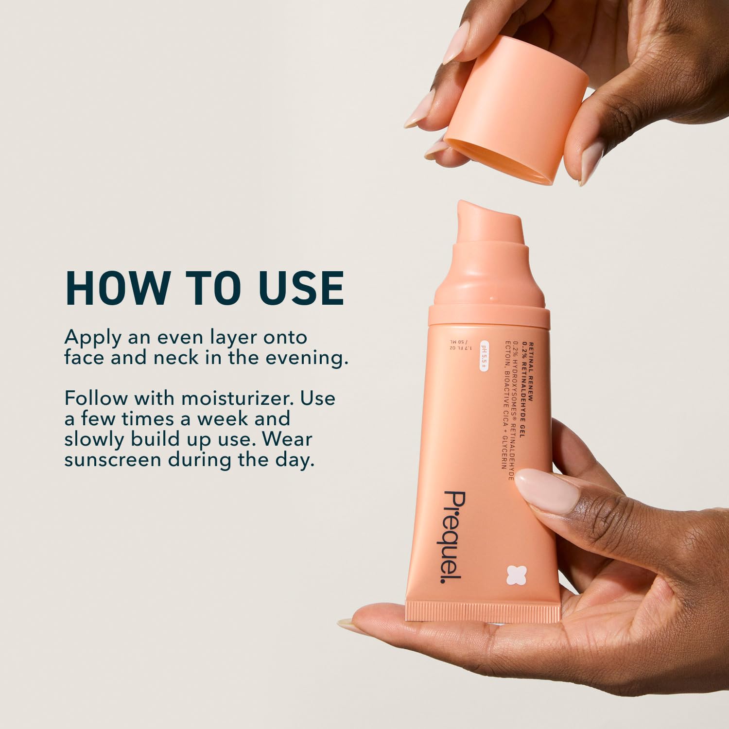Prequel product beside a hand to show actual size and travel-friendly convenience benefit