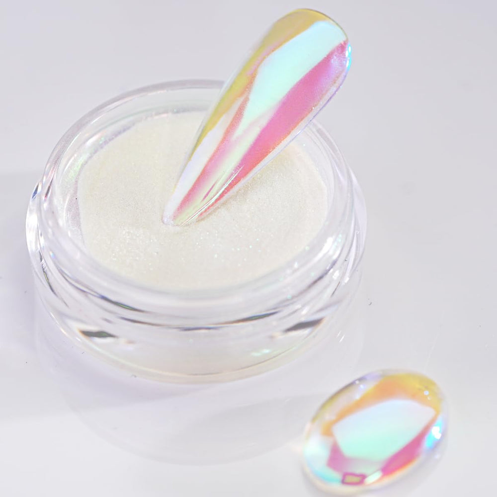 Pretty Diva jar front view showing aurora chrome powder and neat packaging benefit professional finish