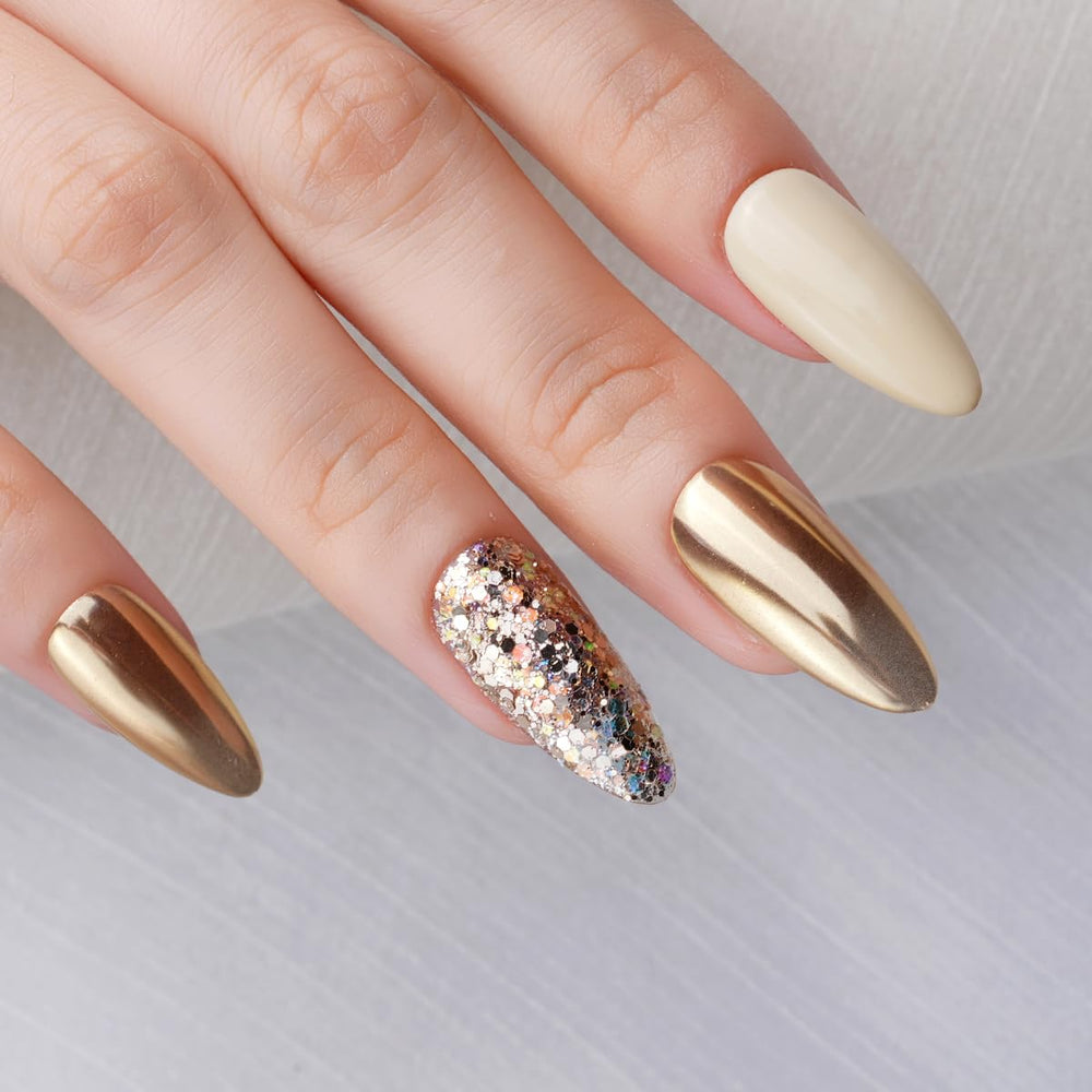Pretty Diva model hand wearing champagne chrome nails showcasing salon finish benefit