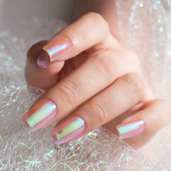 Pretty Diva finished nail in use showing mermaid iridescent effect for camera-ready manicure benefit