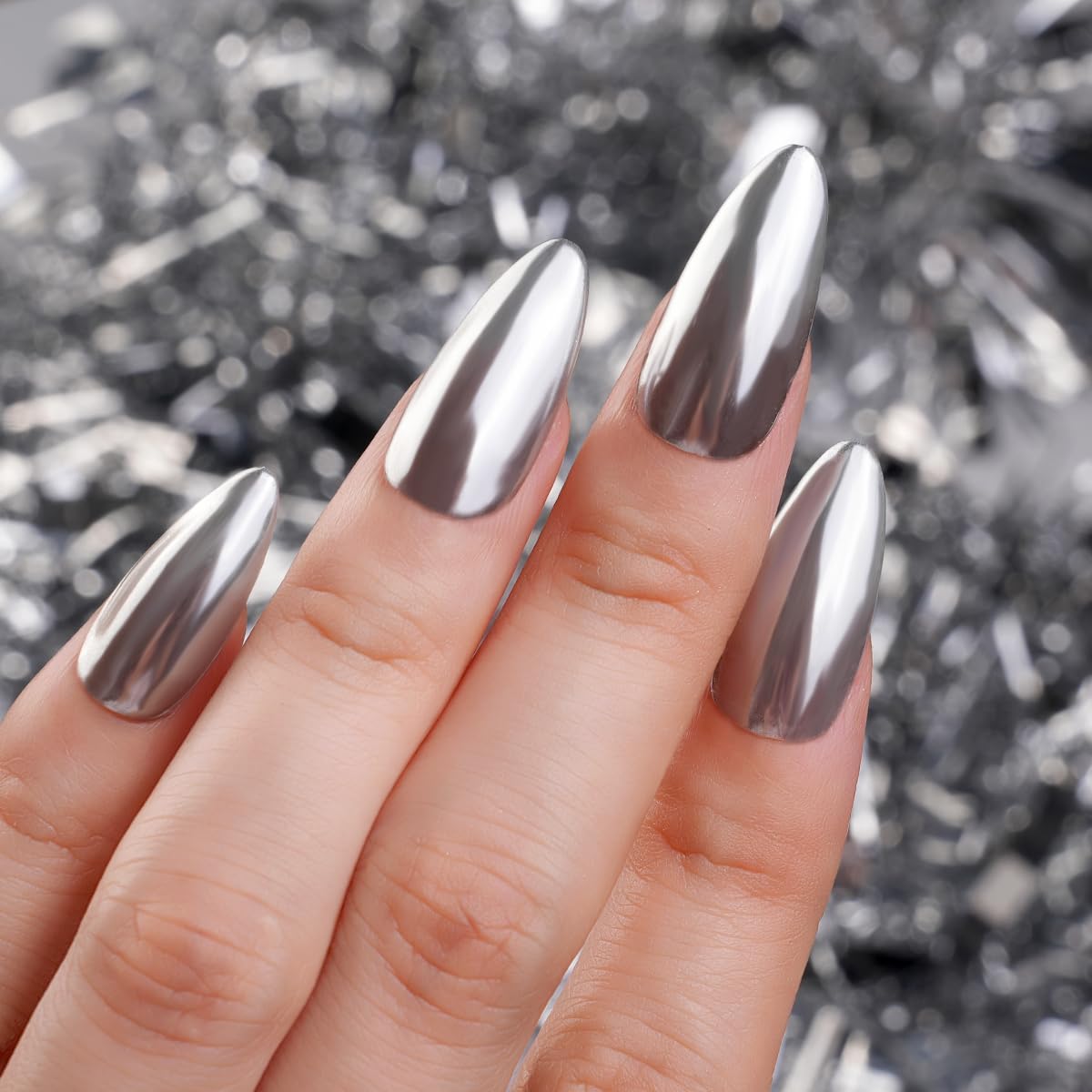 Pretty Diva chrome powder over colored base showing custom two-tone reflective look