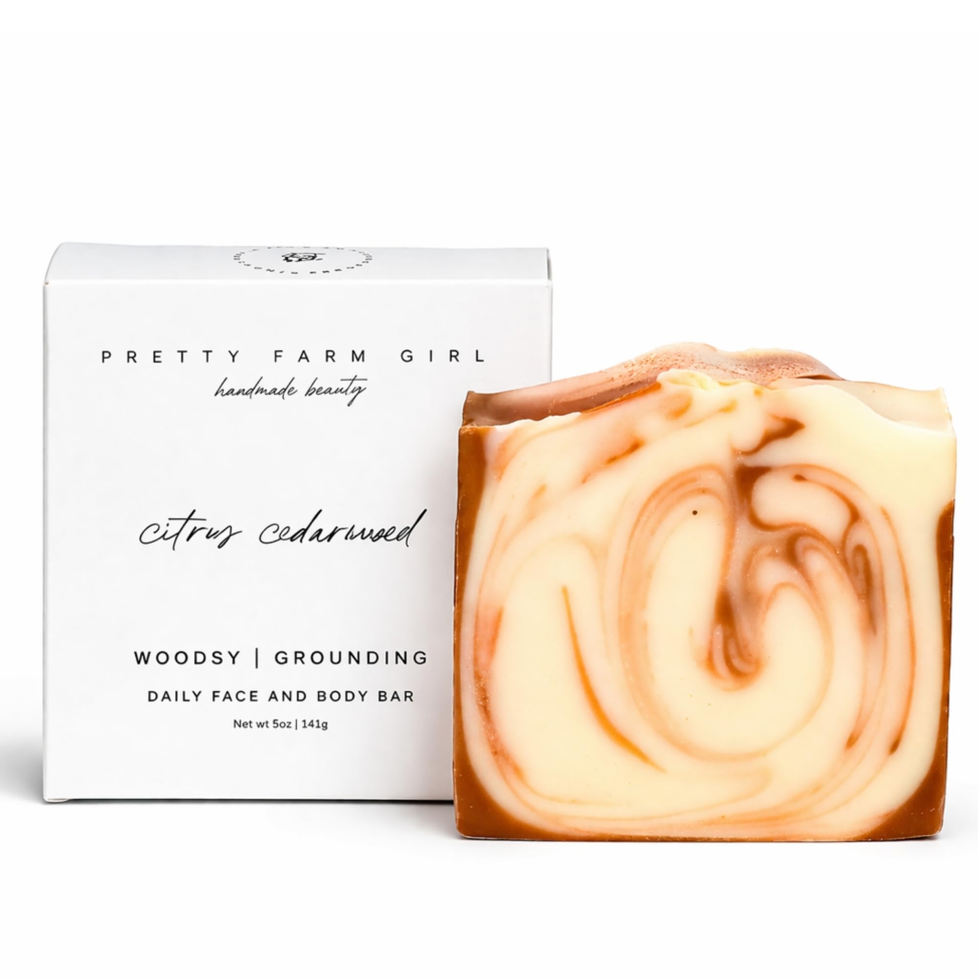 Pretty farm girl front packaging shows citrus cedarwood label and eco benefit