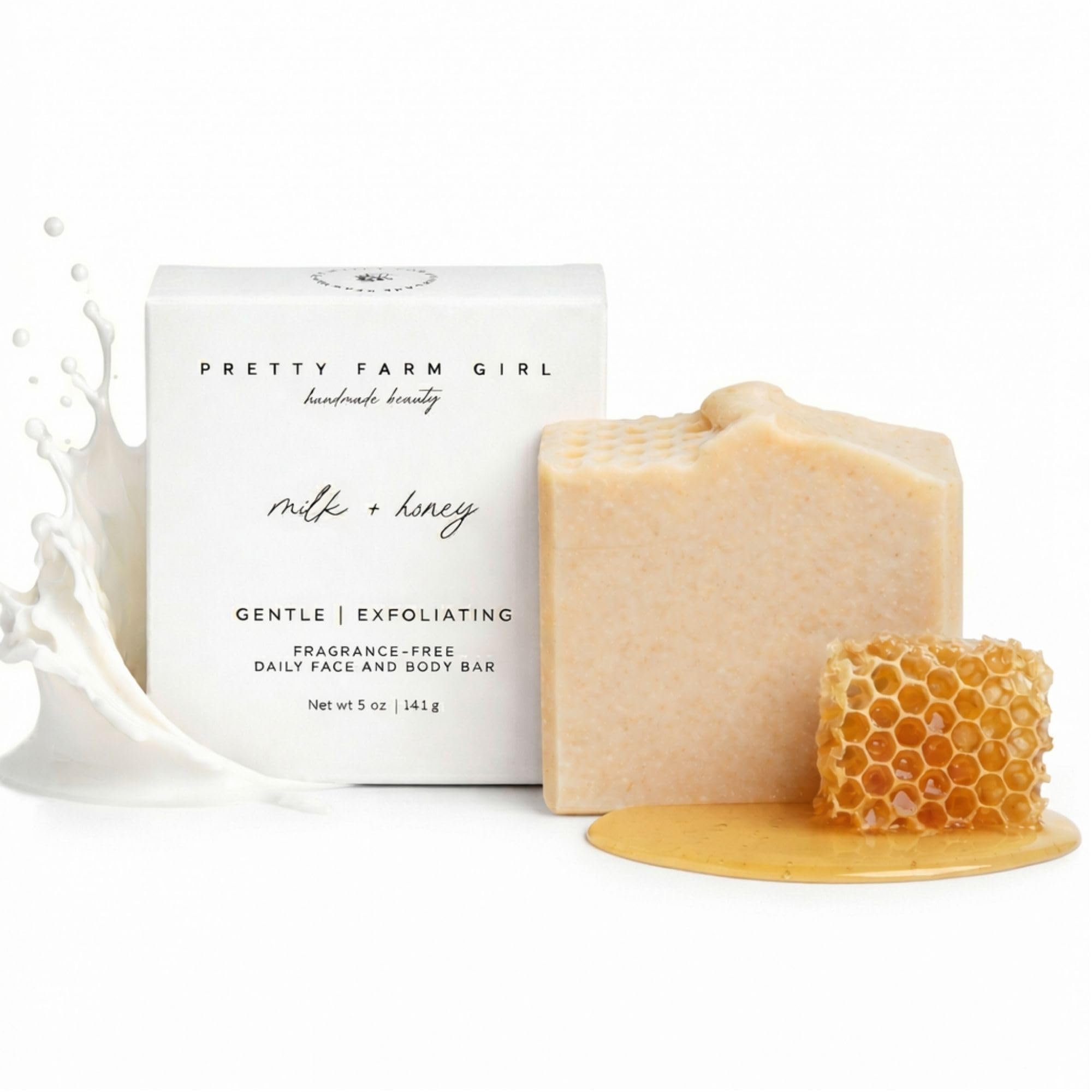 Pretty farm girl front packaging showing fragrance-free soap benefits