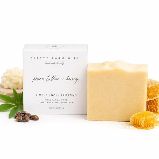 Pretty farm girl front packaging showing unscented bar and benefits
