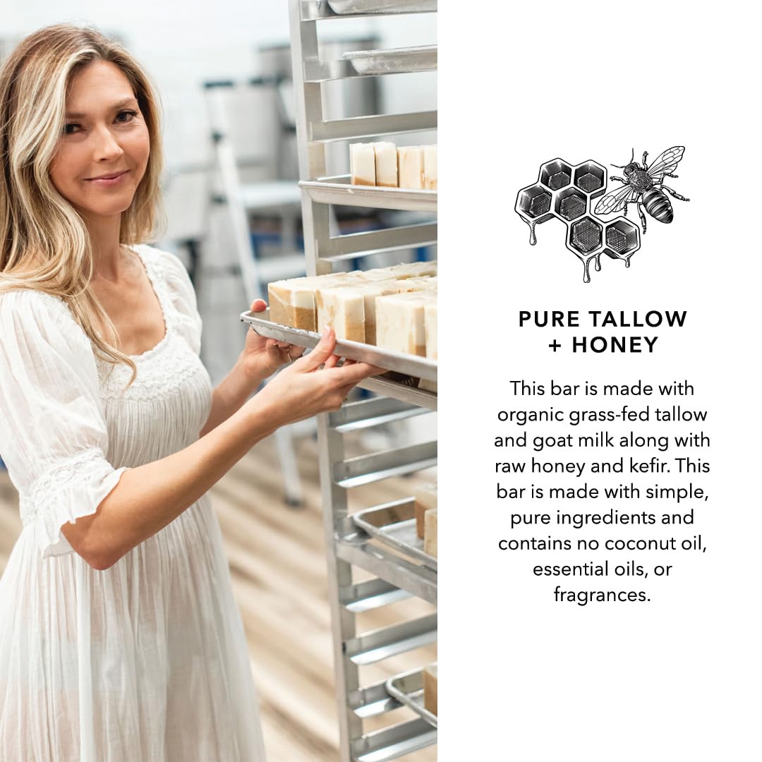 Pretty farm girl ingredients: tallow, raw honey, goat milk emphasizing natural origin