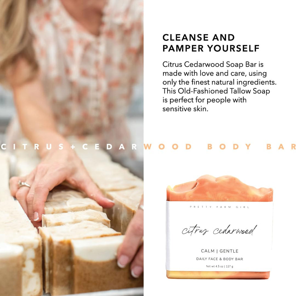 Pretty farm girl lathered soap in hand demonstrating gentle cleansing benefit