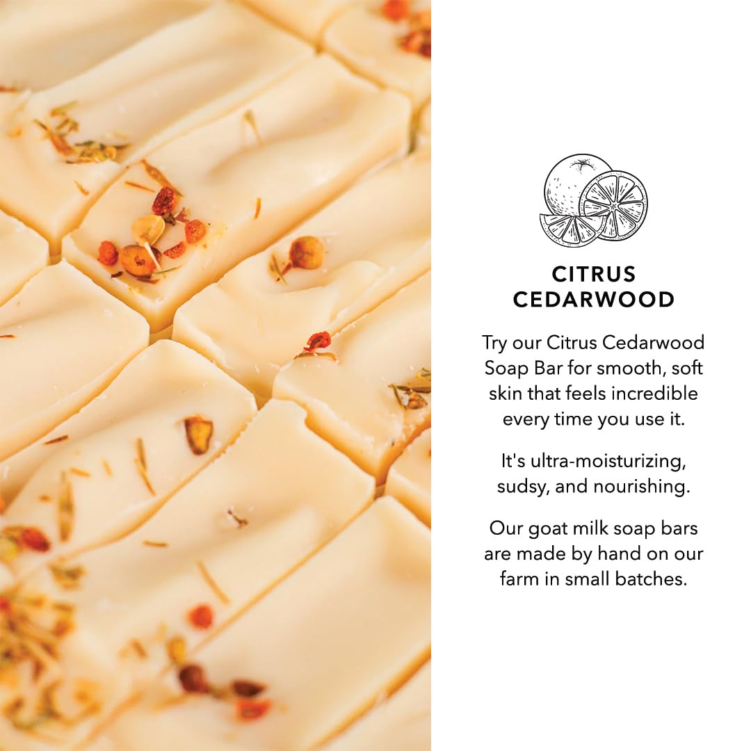 Pretty farm girl soap placed near citrus and cedarwood for ingredient clarity benefit